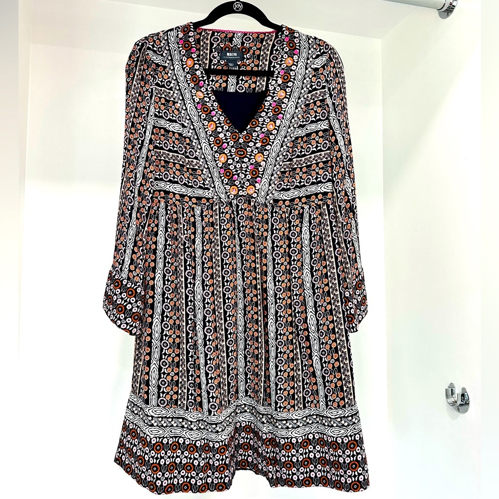 Maeve Anthropologie Dress Boho Size Small empire waist  navy print EUC beading